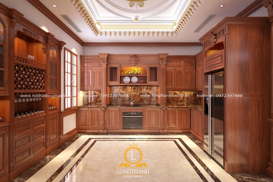 Bộ tủ bếp  tân cổ điển đẹp với kiểu dáng thiết kế được dát vàng sang trọng