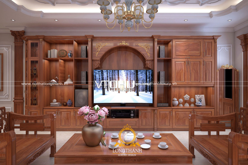 Mẫu thiết kế nội thất phòng khách phong cách tân cổ điển được làm bằng chất liệu gỗ tự nhiên sang trọng