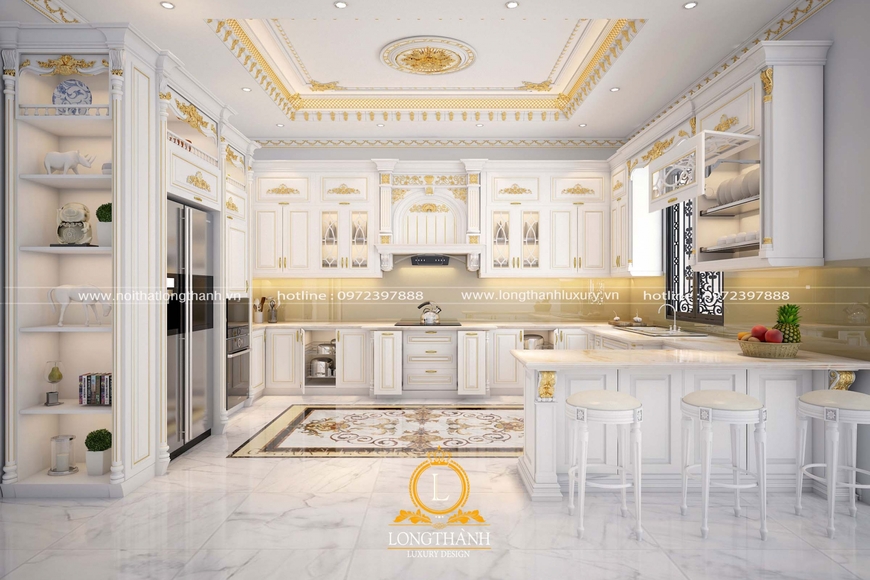 Thêm mẫu tủ bếp sắc trắng được thiết kế dát vàng độc đáo