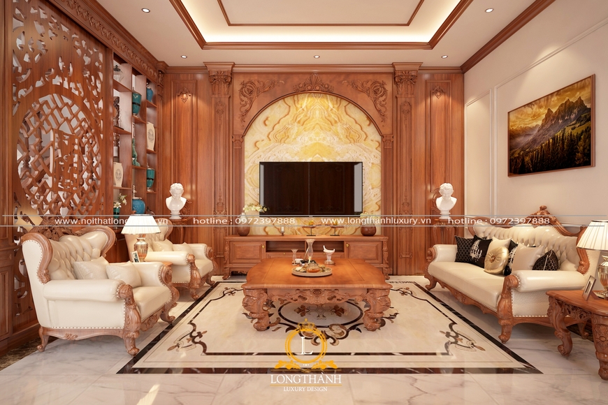 Bộ sofa tân cổ điển được thiết kế phù hợp với không gian phòng khách