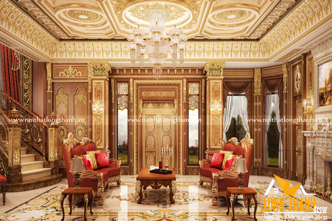 Phòng khách với bộ sofa tân cổ điển dát vàng ấn tượng