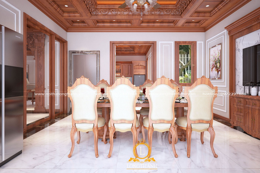 Bộ bàn sang trọng trong không gian nội thất đầy đủ tiện nghi làm từ gỗ tự nhiên