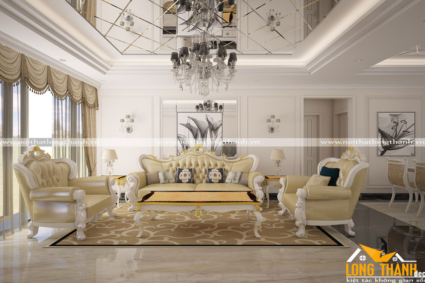 Mẫu sofa sơn trắng đẹp dát vàng sang trọng cho phòng khách