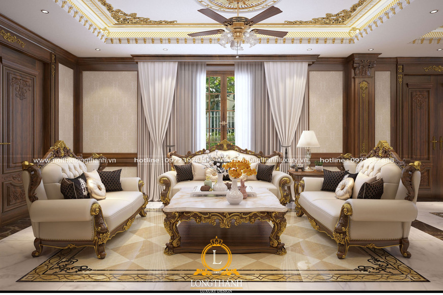 Mẫu sofa tân cổ điển điểm rát vàng hoa văn dành cho nhà biệt thự