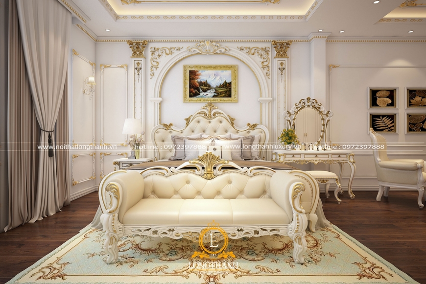 Phòng ngủ tân cổ điển với chất liệu gỗ gõ dát vàng và da Ý cao cấp