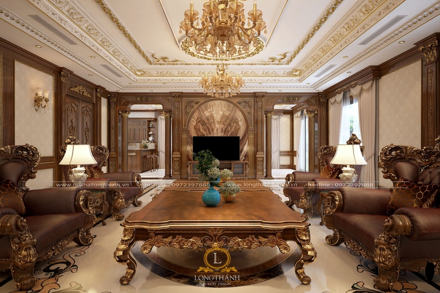 Phòng khách tân cổ điển gỗ tự nhiên dát vàng thể hiện đẳng cấp gia chủ