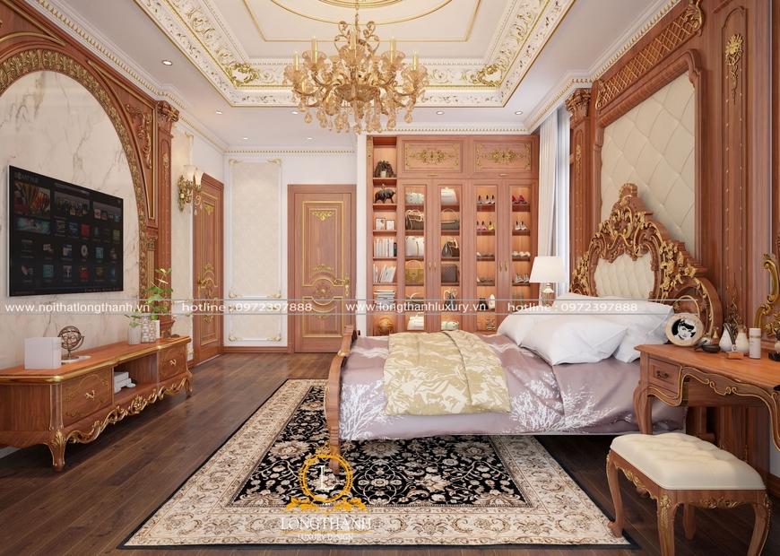 Thiết kế phòng ngủ Master đẹp với chất liệu gỗ Gõ tự nhiên dát vàng