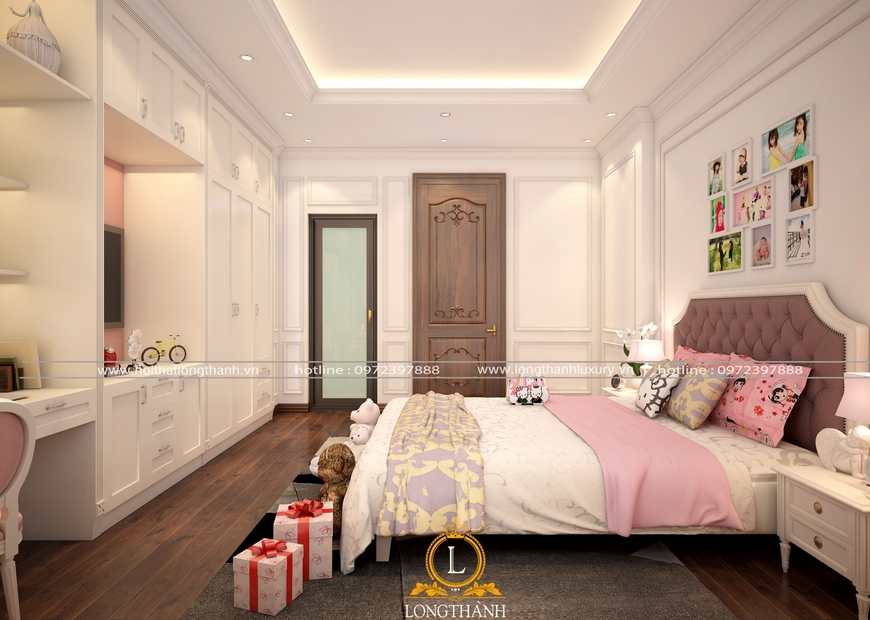 Phòng ngủ cho bé gái với gam màu trắng, hồng chủ đạo