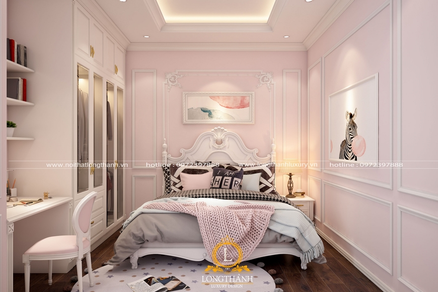 Phòng ngủ con gái sơn trắng hồng