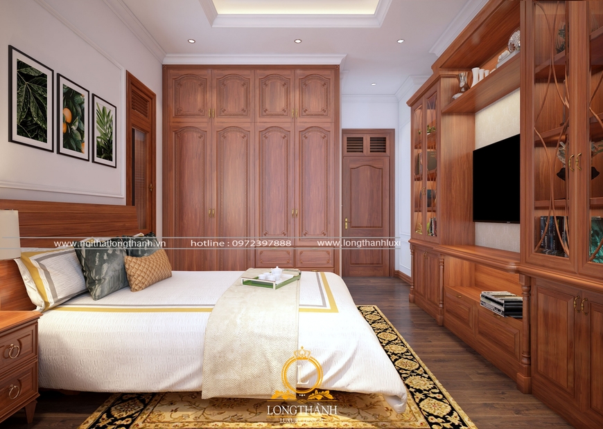 Phòng ngủ master với chất liệu gỗ trự nhiên làm cho căn phòng ấm áp và sang trọng hơn