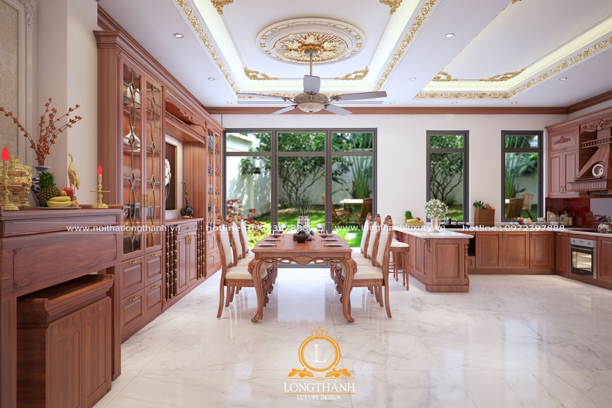 Thiết kế nội thất phòng bếp đẹp bằng gỗ Gõ tự nhiên