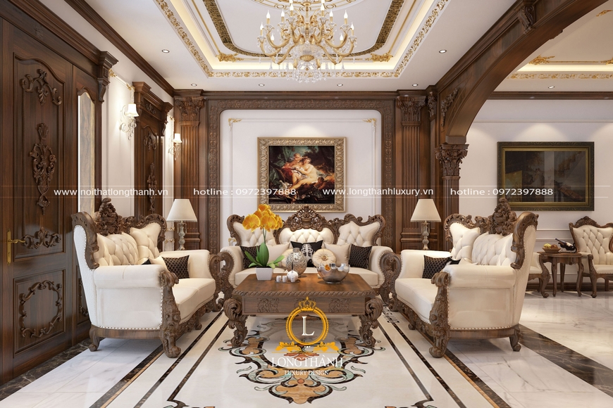Thiết kế nội thất phòng khách tân cổ điển sang trọng, ấn tượng và tinh tế