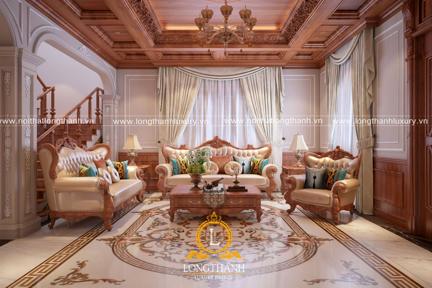 Phòng khách biệt thự đẹp mang phong cách tân cổ điển đơn giản mà tiện nghi