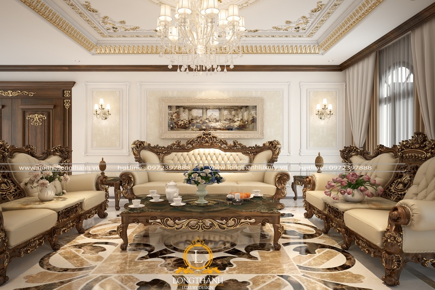 Thiết kế phòng khách đầy trắng lệ mang phong cách tân cổ điển