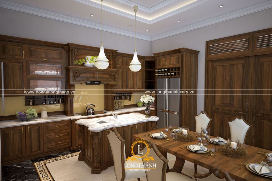 Phòng bếp với nội thất gỗ tự nhiên ấm áp